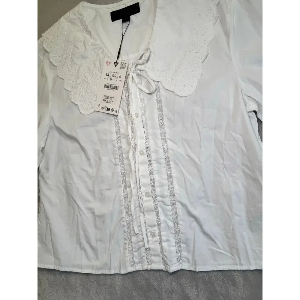 ZARA White Embroidered Peter Pan Collar Puff Sleeve Blouse Top Size M NWT
